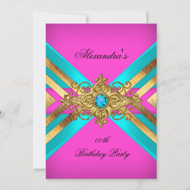 Birthday Party Hot Pink Teal  Jewel Gold Stripe Invitation (Front)