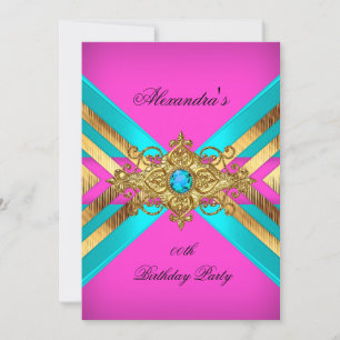 Birthday Party Hot Pink Teal  Jewel Gold Stripe Invitation