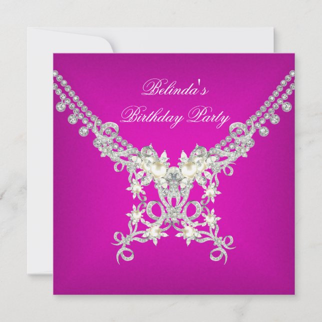 Birthday Party Hot Pink White Silver Pearl Jewel Invitation (Front)