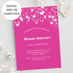 Birthday party hot pink white stars girl invitation