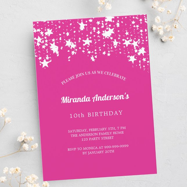 Birthday party hot pink white stars girl luxury invitation (Creator Uploaded)