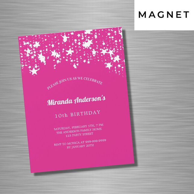 Birthday party hot pink white stars girl luxury magnetic invitation (Creator Uploaded)
