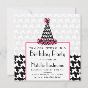 Birthday Party - Houndstooth & Pink Party Hat Invitation