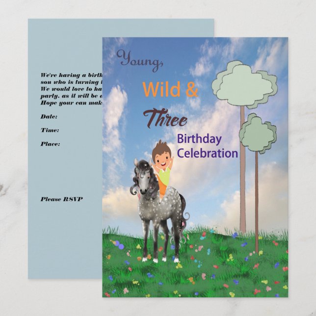 Birthday Party Invitation 3 Year Old Boy (Front/Back)