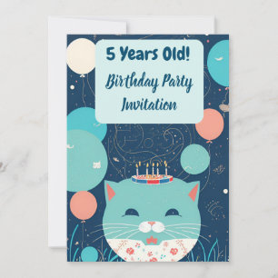 Birthday Party Invitation 5 Year Old Cat Turquoise