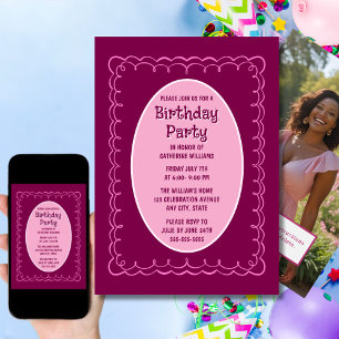 Birthday Party Invitation Any Age Handdrawn Maroon
