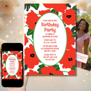 Birthday Party Invitation Any Age Red Poppies