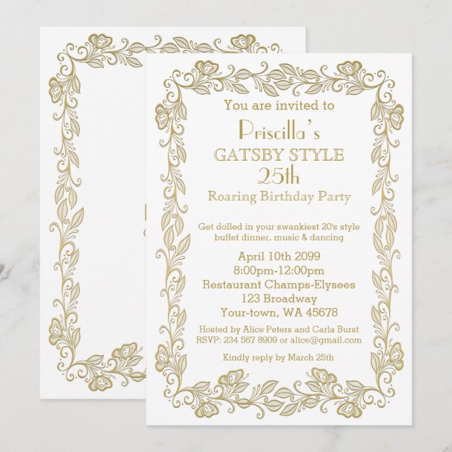 Birthday party invitation Art Deco,Woman,white gol (Front/Back)