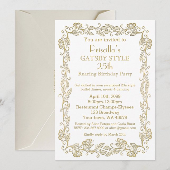 Birthday party invitation Art Deco,Woman,white gol (Front/Back)