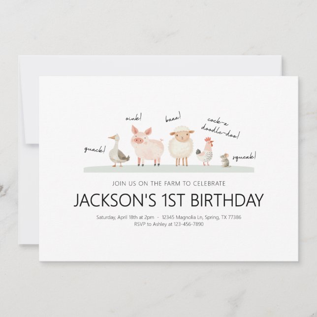 Birthday Party Invitation - Farm Animal Theme (Front)