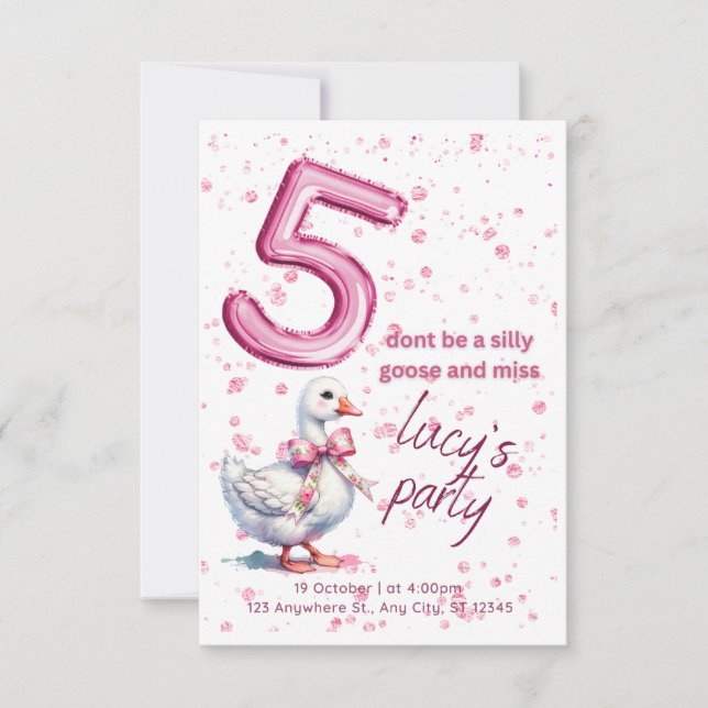 Birthday party invitation, girl 5, pink, goose (Front)