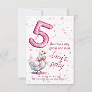 Birthday party invitation, girl 5, pink, goose