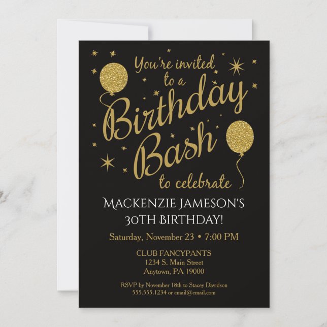 Birthday Party Invitation Gold Balloons (Front)