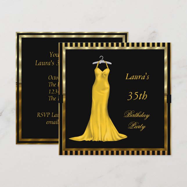 Birthday Party Invitation Gold dress (Front/Back)