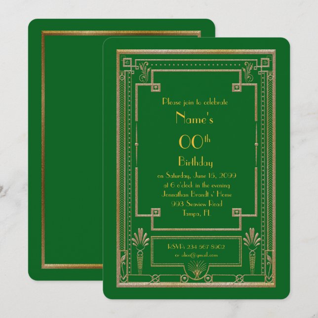 Birthday party invitation,great Gatsby,gold,green Invitation (Front/Back)