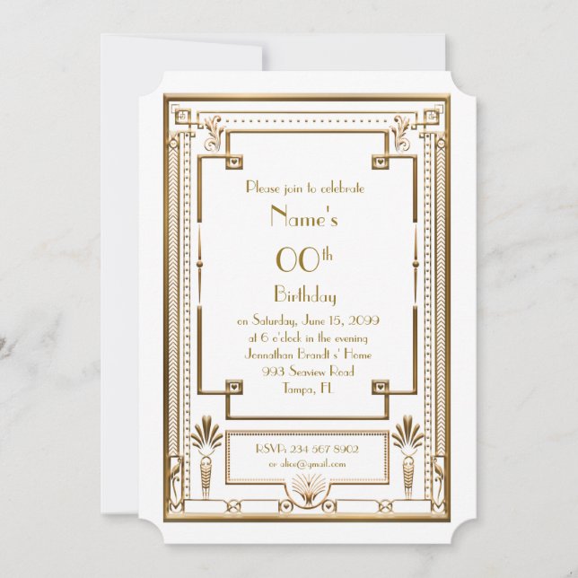 Birthday party invitation,great Gatsby,gold,white Invitation (Front)