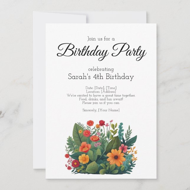 Birthday party invitation, many plants and flowers invitation (Front)