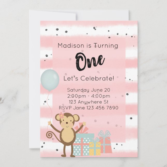 Birthday Party Invitation - Pink 1st Birthday (Front)
