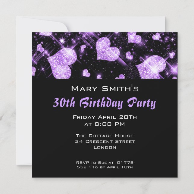 Birthday Party Invitation Purple Glitter Hearts (Front)