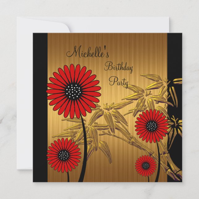 Birthday Party Invitation Red Black Gold Bamboo (Front)