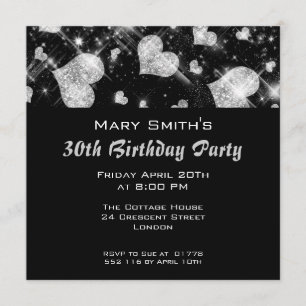 Birthday Party Invitation Silver Glitter Hearts
