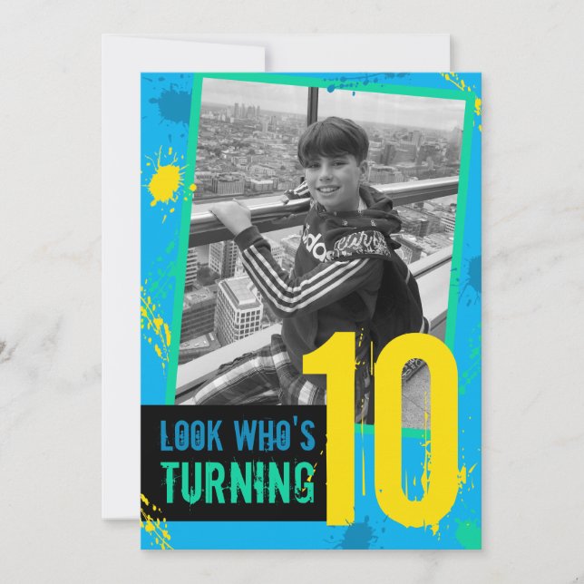 Birthday Party Invitation Splats 10th Blue (Front)