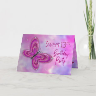 Birthday Party Invitation, Sweet 13th, Butterfly Card