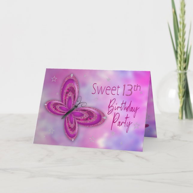 Birthday Party Invitation, Sweet 13th, Butterfly Card (Front)
