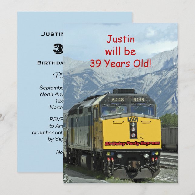 Birthday Party Invitation, Two-Sided, Yellow Train Invitation (Front/Back)