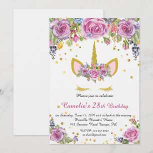 Birthday party invitation, unicorn,white,flowers invitation