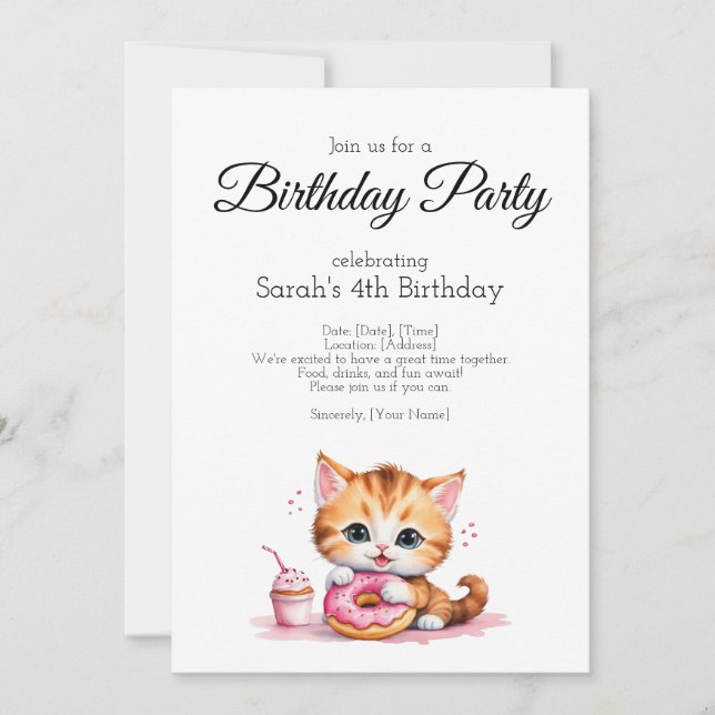 Birthday party invitation, water colour baby cat invitation (Front)