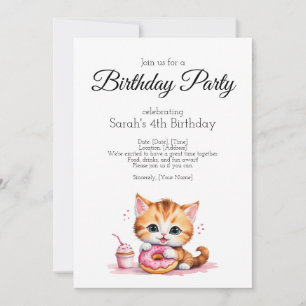 Birthday party invitation, water colour baby cat invitation