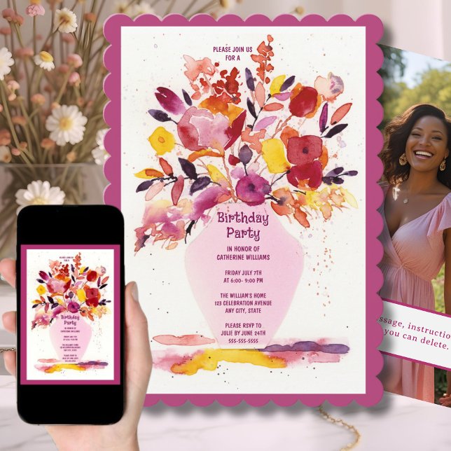 Birthday Party Invitation Watercolor Flowers Vase (Creator Uploaded)