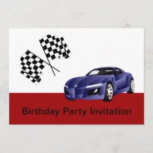 Birthday party invitation with blue racing car