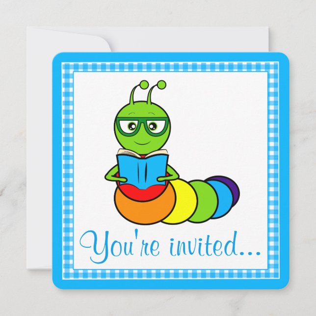 Birthday Party Invitation with Cartoon Bookworm (Front)