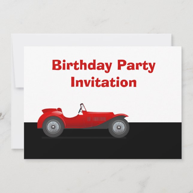 Birthday party invitation with red vintage car (Front)