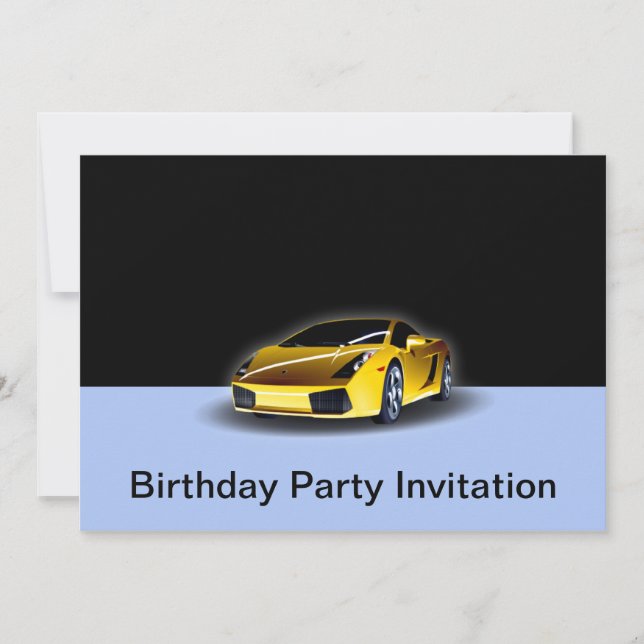 Birthday party invitation with yellow racing car (Front)