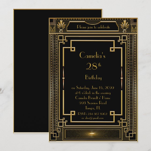 Birthday party invitation woman,great Gatsby,black (Front/Back)