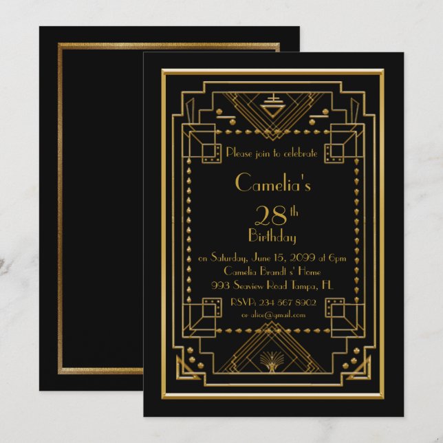 Birthday party invitation woman,great Gatsby,black (Front/Back)
