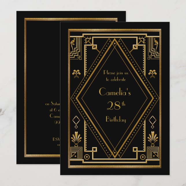 Birthday party invitation woman,great Gatsby,black (Front/Back)