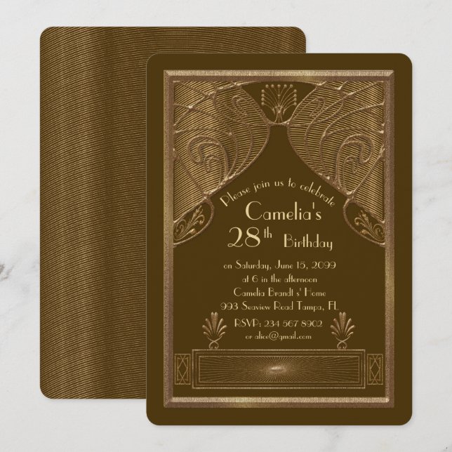 Birthday party invitation woman,great Gatsby,brown (Front/Back)