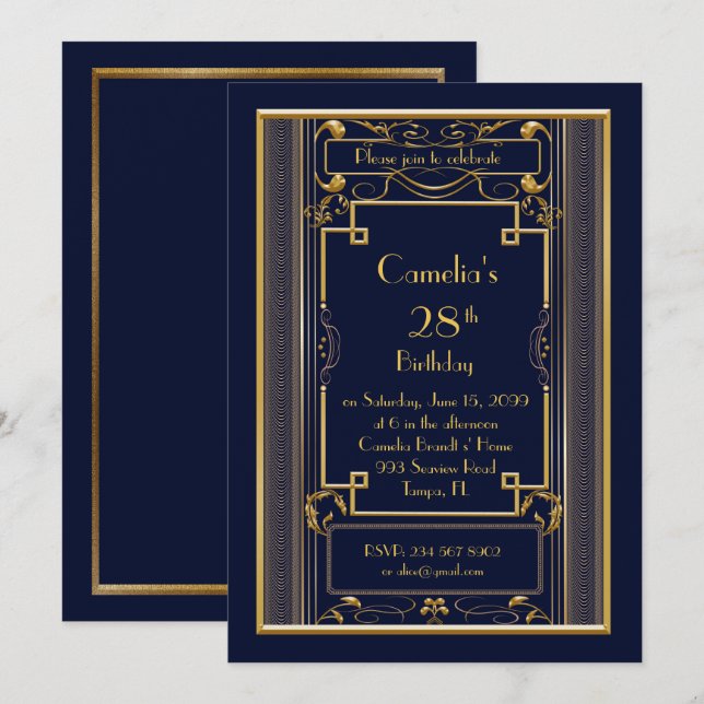 Birthday party invitation woman,great Gatsby,navy (Front/Back)