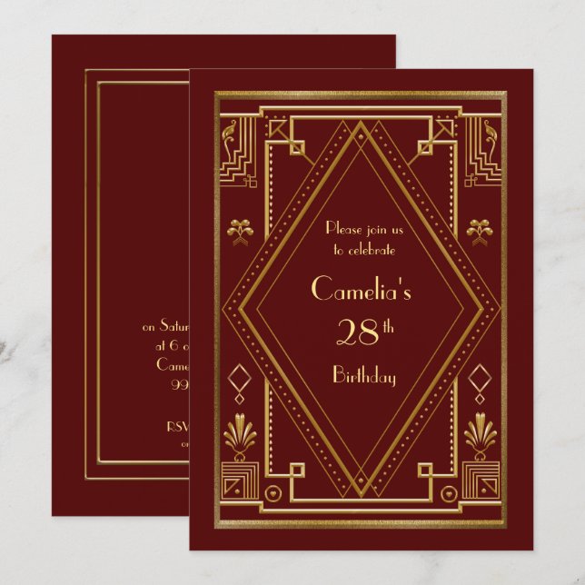 Birthday party invitation woman,great Gatsby,red (Front/Back)