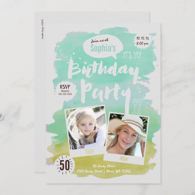 Birthday Party Invitation Women Watercolor (Front/Back)