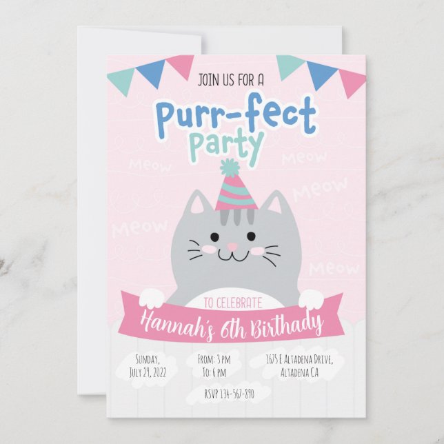 Birthday party invitations cute kitty (Front)