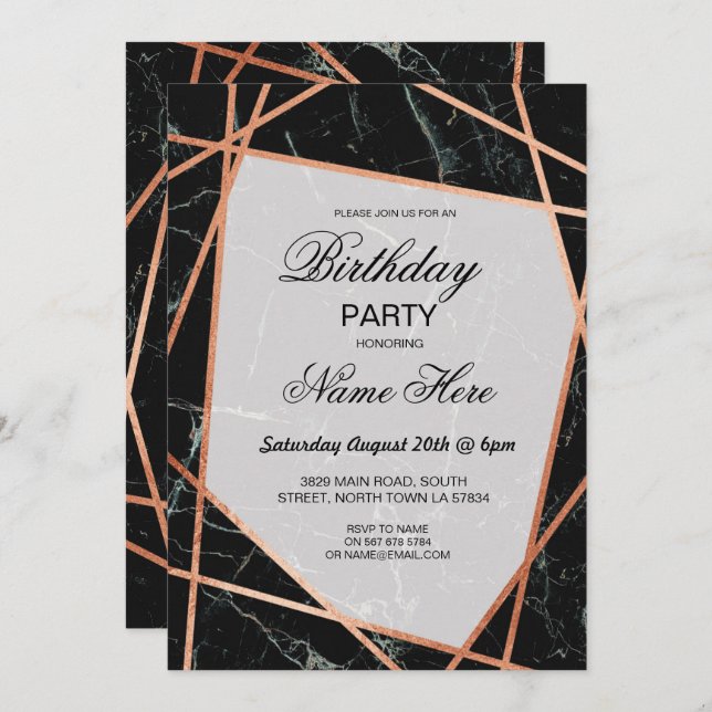 Birthday Party Invite Black Marble Rose Gold 21st (Front/Back)