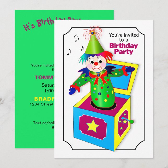 Birthday Party Invite, Child's Jack In the Box Invitation (Front/Back)