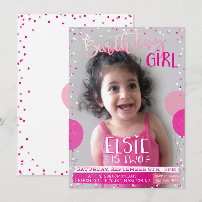 BIRTHDAY PARTY invite cute pink balloons confetti (Front/Back)