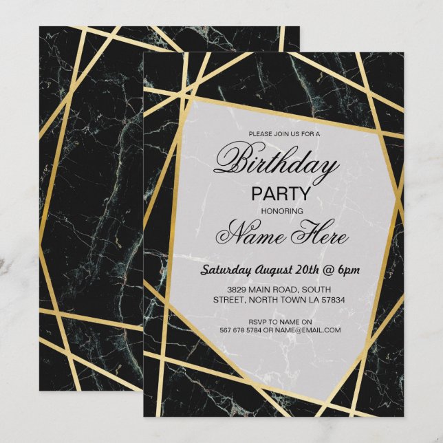 Birthday Party Invite Elegant Black Marble Gold 40 (Front/Back)