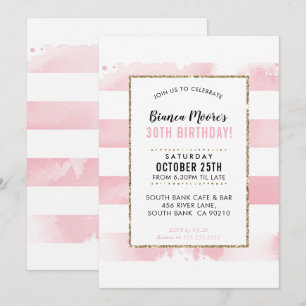 BIRTHDAY PARTY INVITE gold pink watercolor stripe